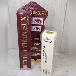 Too Faced Mascara Color: Brown and  Melted Chocolate Matte Eye Shadow in Cocoa.